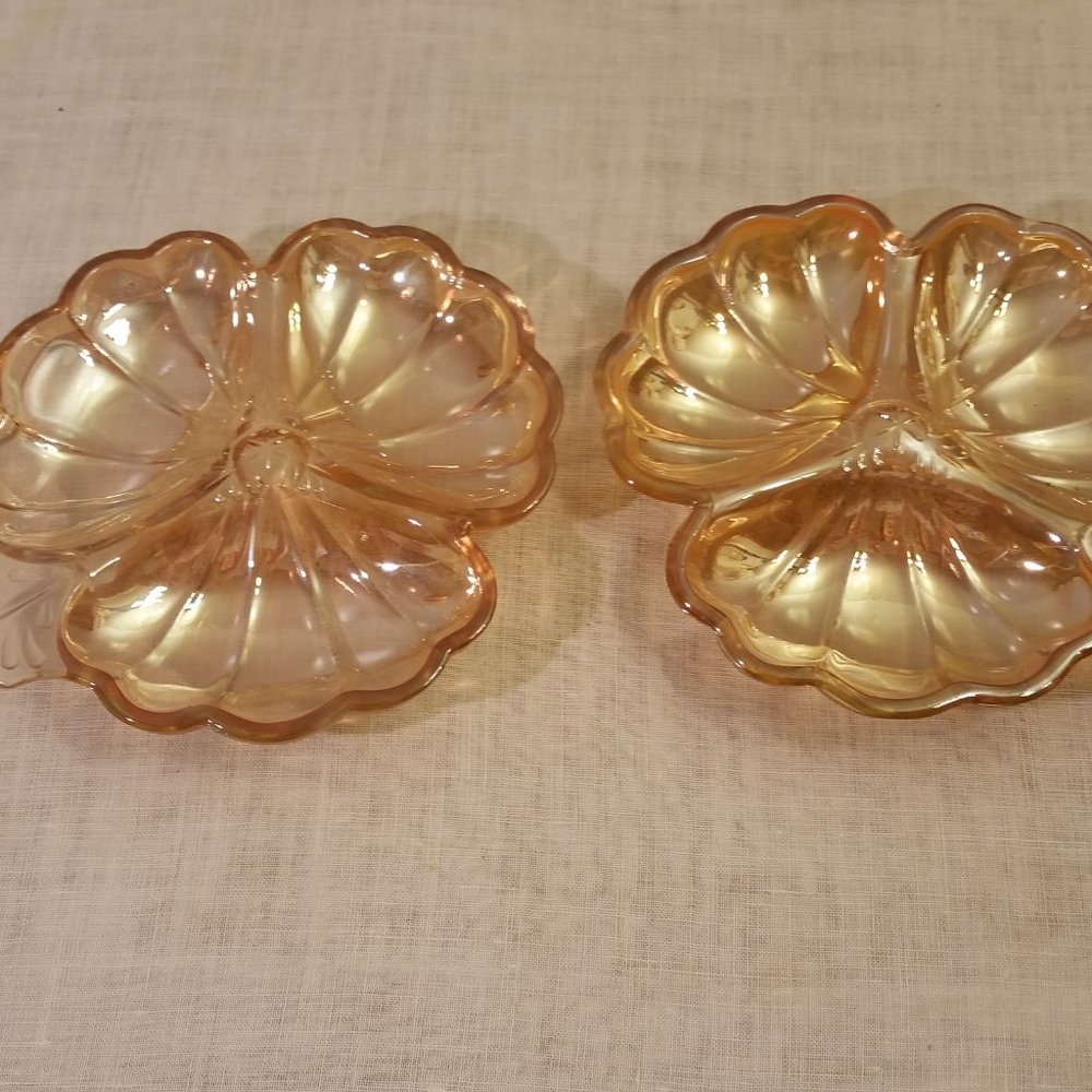 Vintage Amber Marigold Iridescent Glass 3 Leaf Clover Candy Nut Dishes